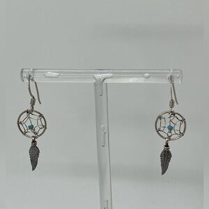 Vtg Navajo 925 Sterling Silver & Turquoise Dream Catcher Earrings